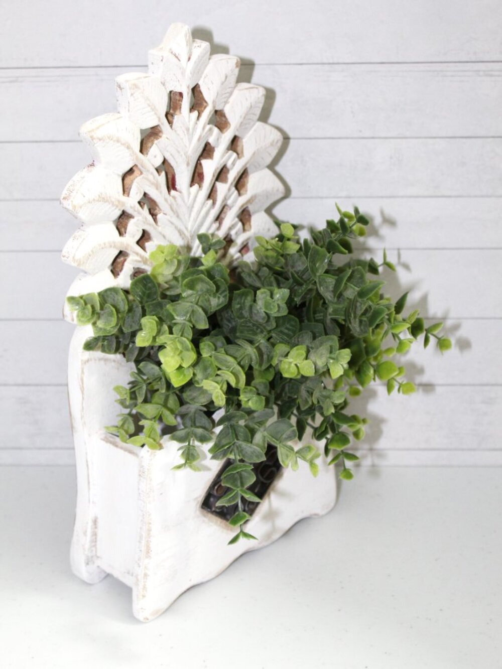 Vintage Hanging Wooden Wall Box - White Wash Distressed - Leaves Nature Theme